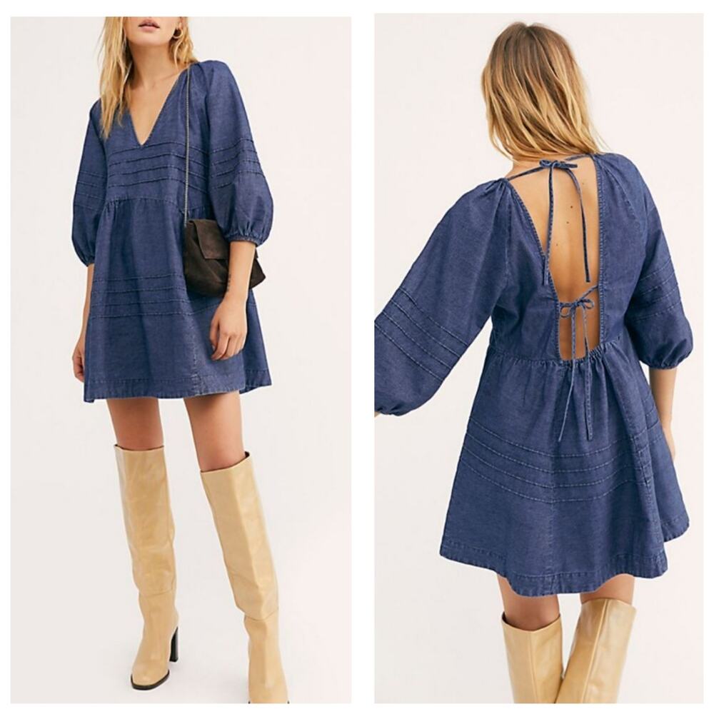 Free People Sweet Surrender V-Neck Denim Babydoll Mini Dress Open Tie Back